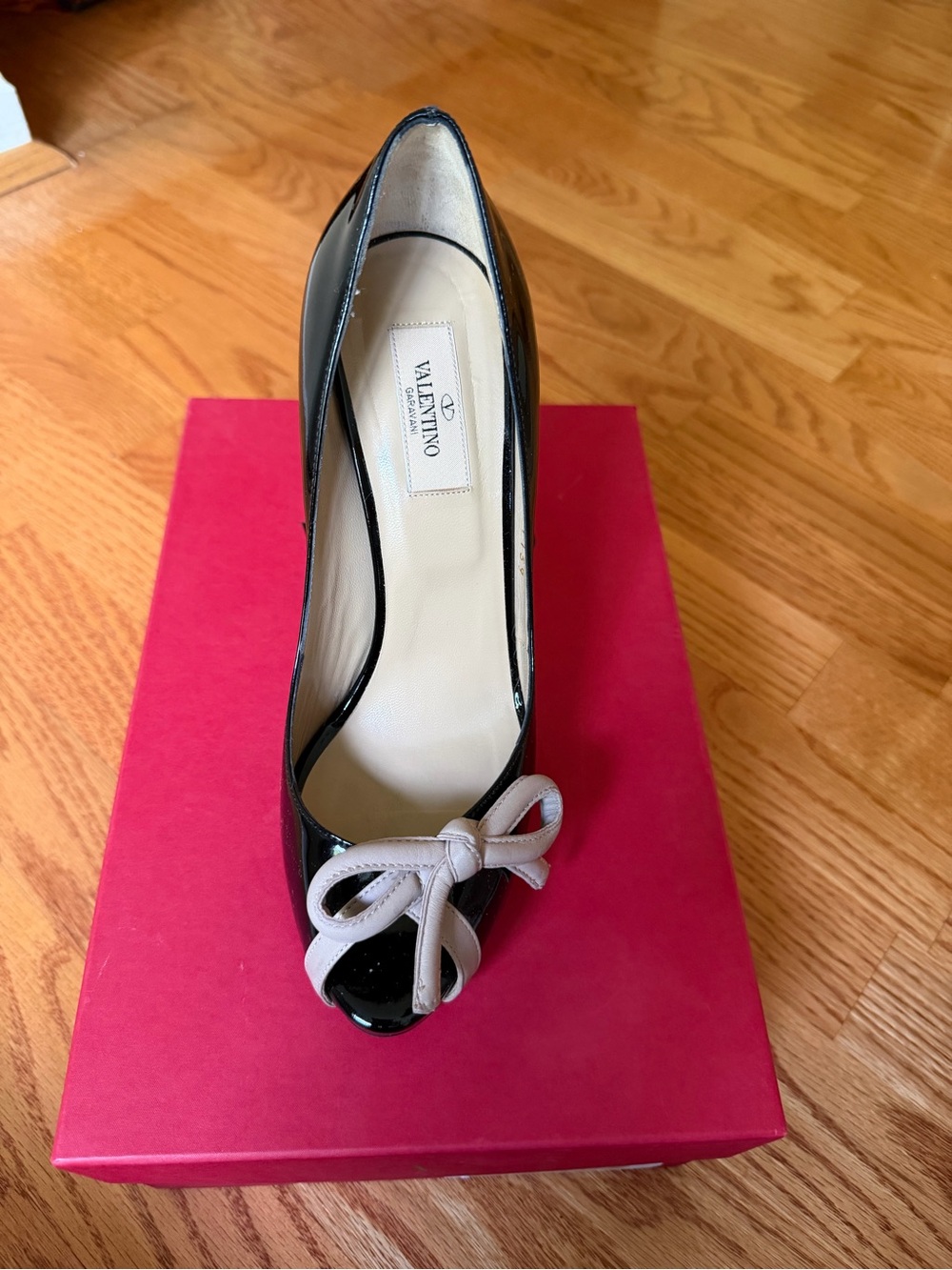 Valentino Black Patent Peep-Toe Pump with Cream Bow Accent